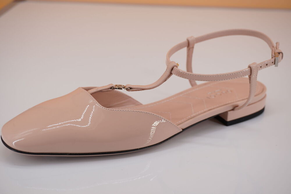 Gucci Nude Patent Buckled T Strap GG Square Ballet Flat Sandals Size 37 New $890